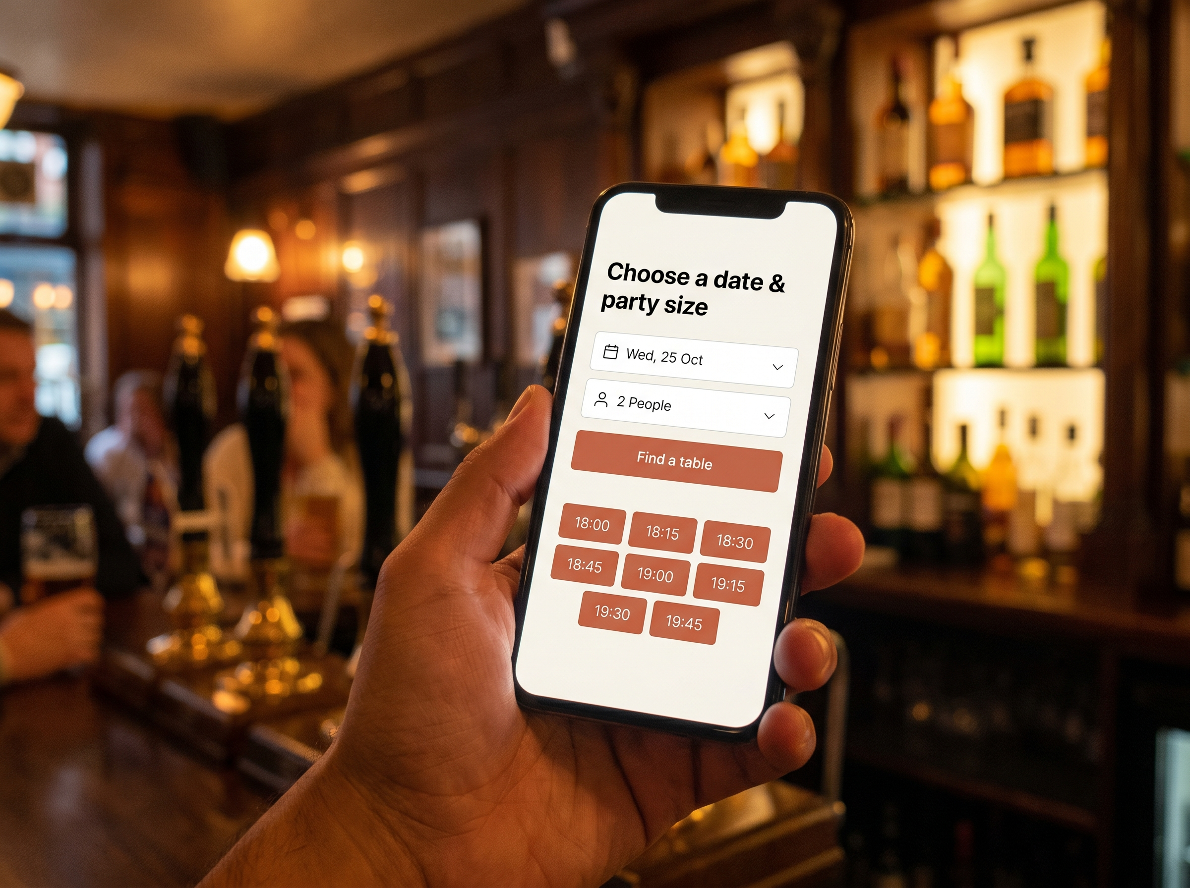 A hand holding a phone showing the BookSnug booking widget — date, party size and available times — in a London pub.