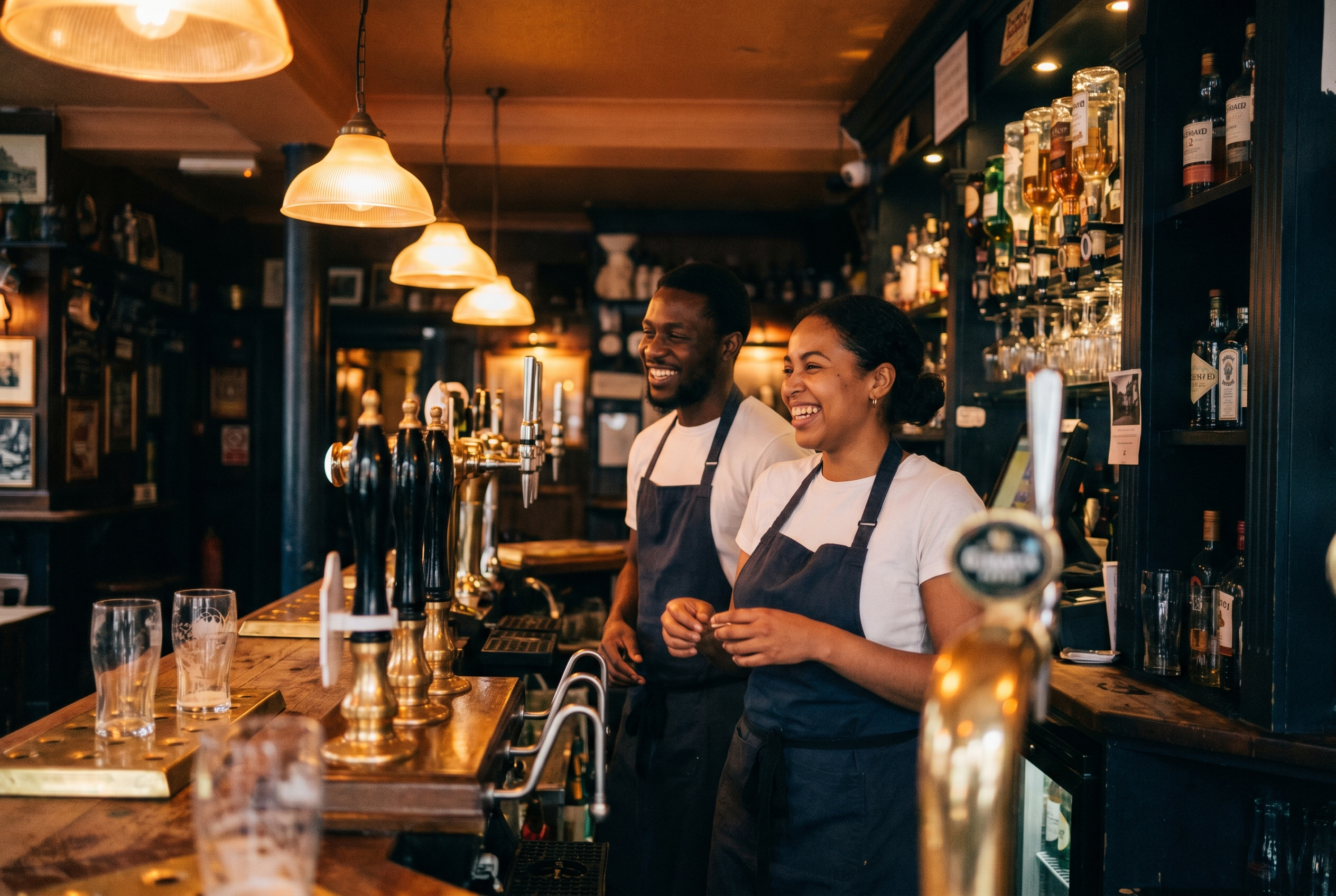 Two smiling bar staff in aprons behind the bar of a warmly lit London pub.