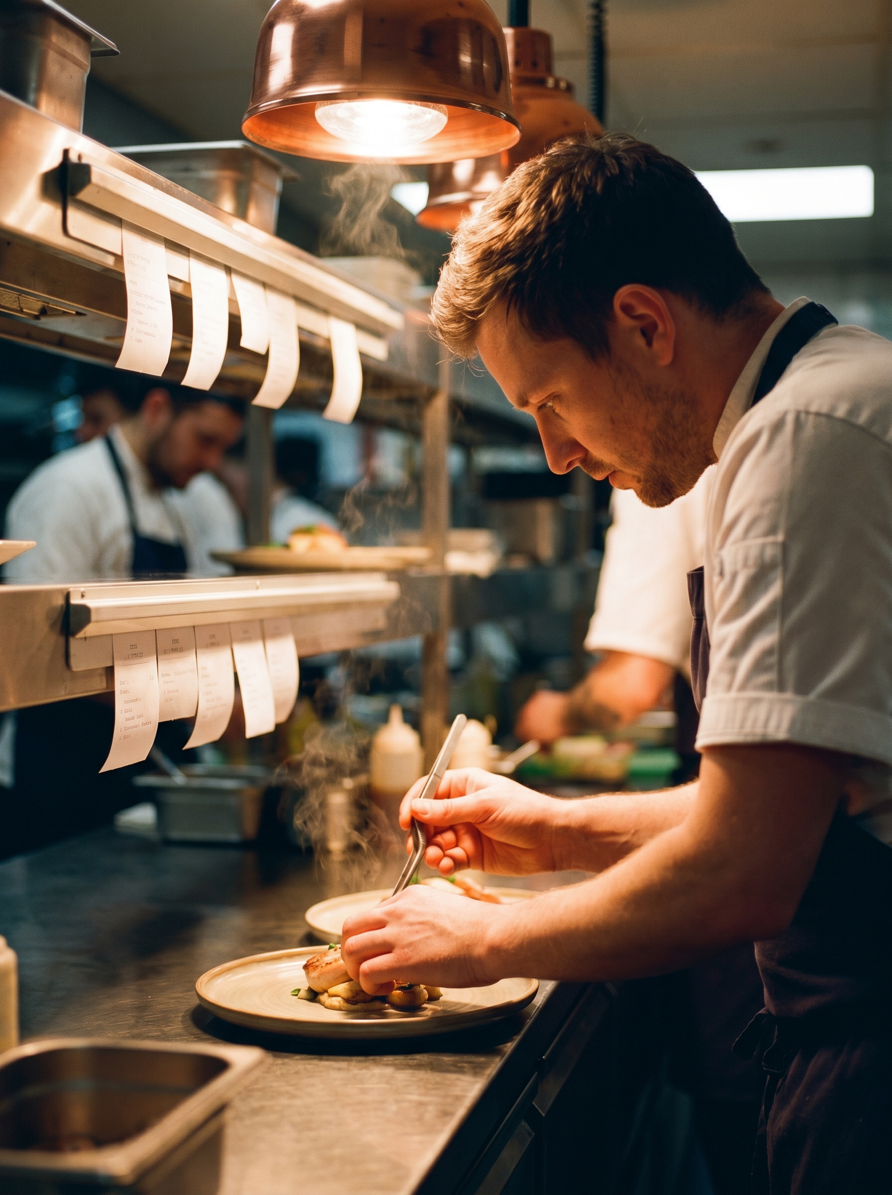 A chef plating a dish under warm copper heat lamps at a London restaurant pass.