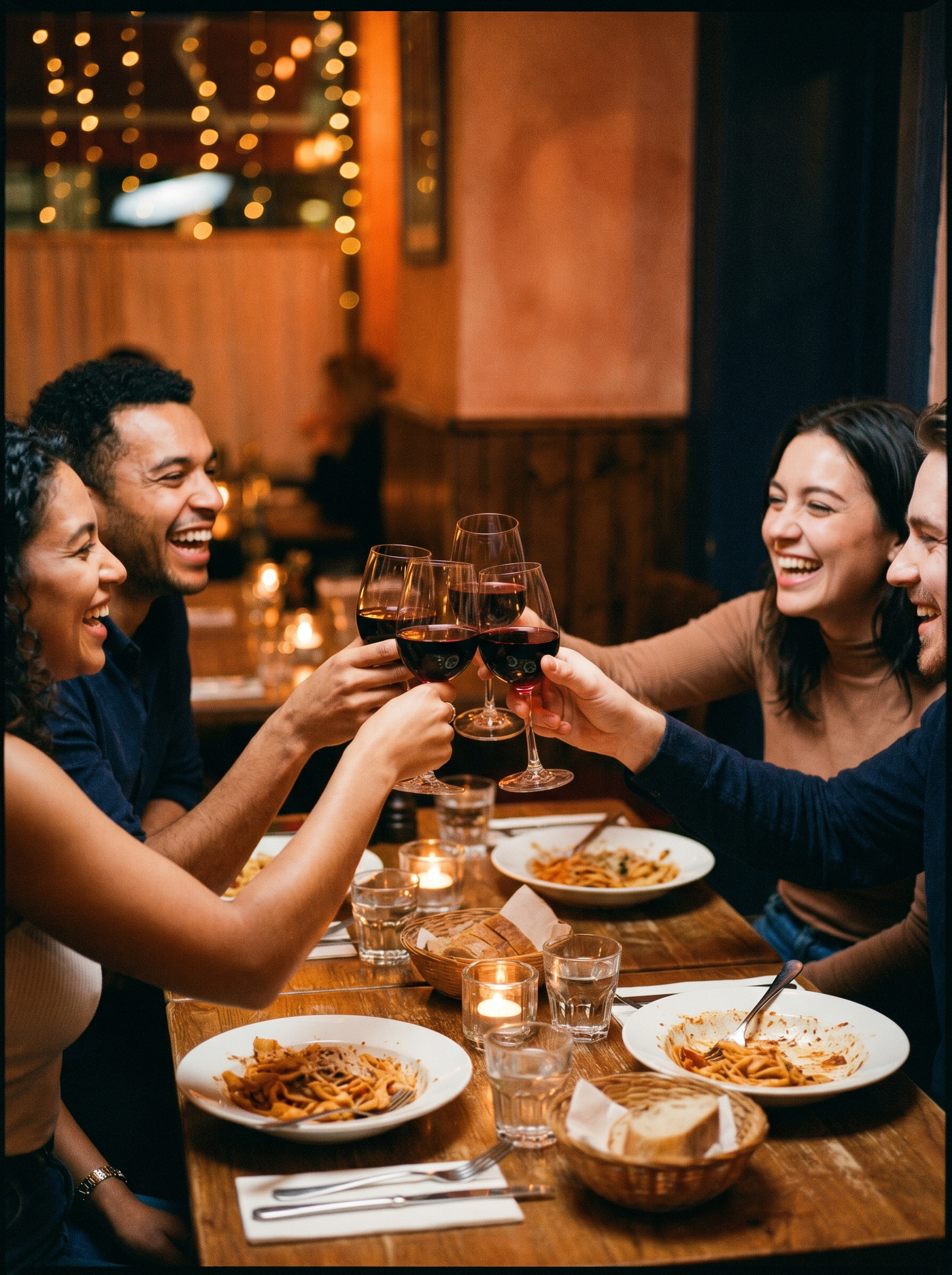 Four friends laughing and toasting with red wine over a pasta dinner in a candlelit restaurant.