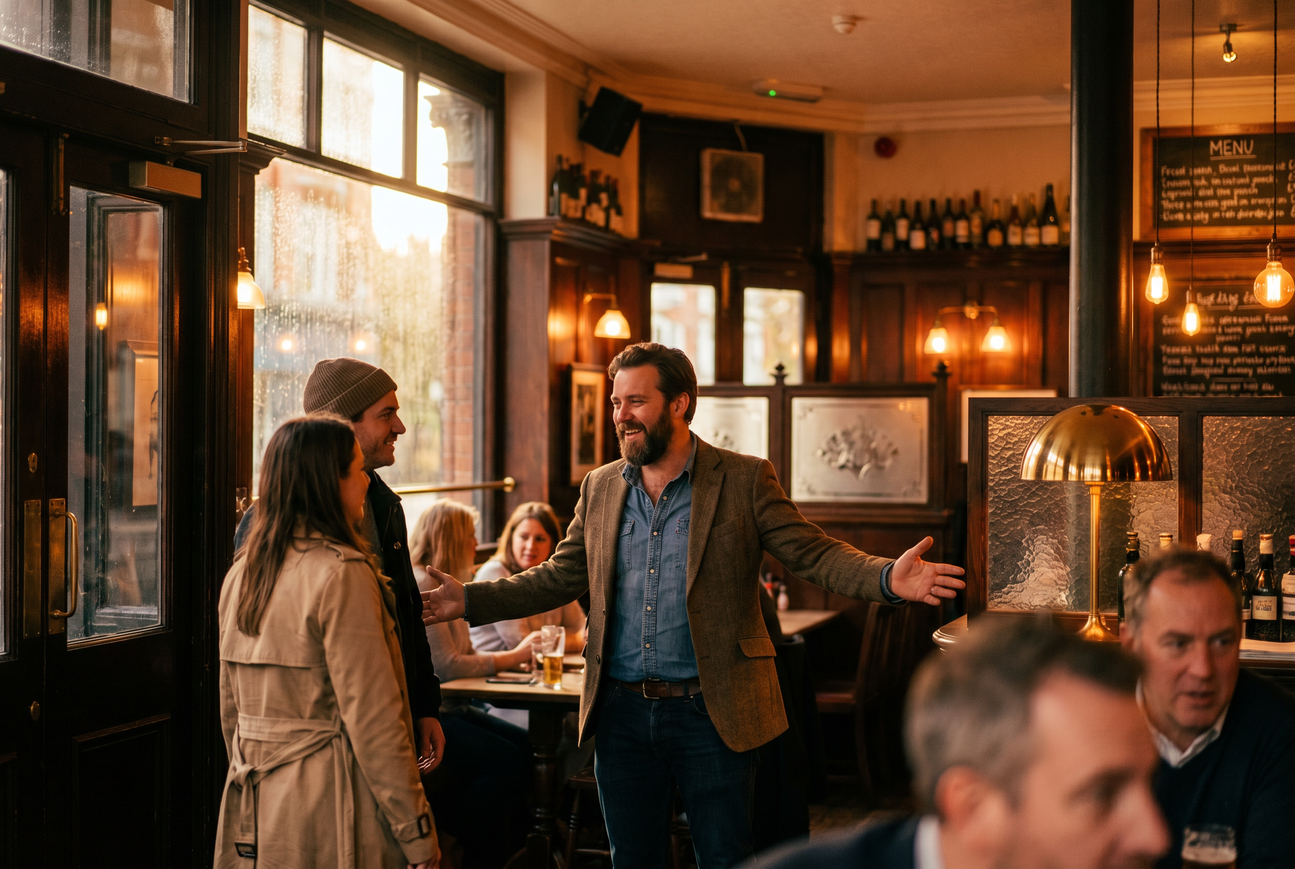 A pub landlord welcoming two guests with open arms in a warm, busy London pub dining room.
